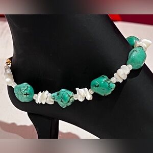 Green Turquoise and White Pearl Handmade Beaded Ankle Bracelet